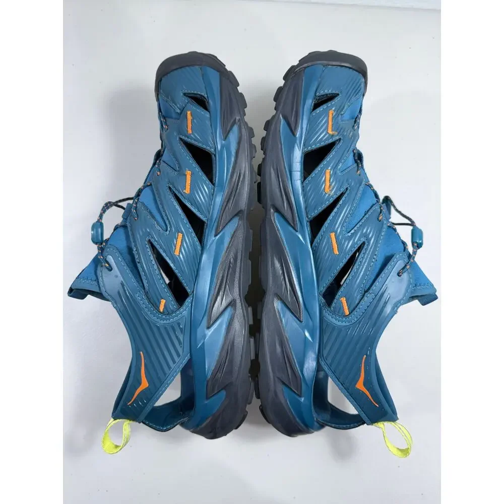 HOKA Hopara Men’s 10.5 Blue Orange Hiking Sandals Slip On Quick Lace
